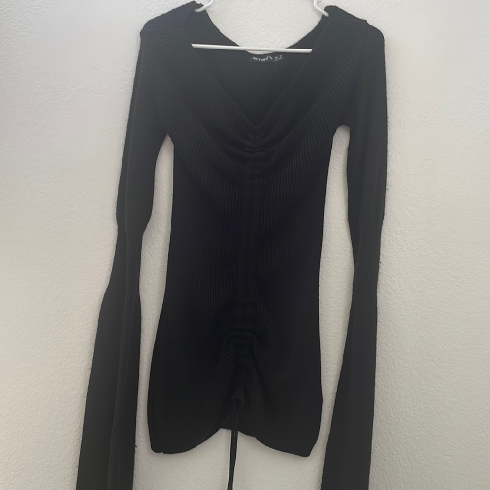 Off shoulder oversized sleeve black rouched dress